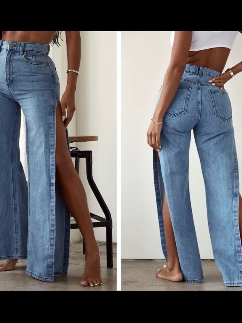 PrettyLittleThing Light Blue High-Waist Wide Leg Jeans with Side Slits